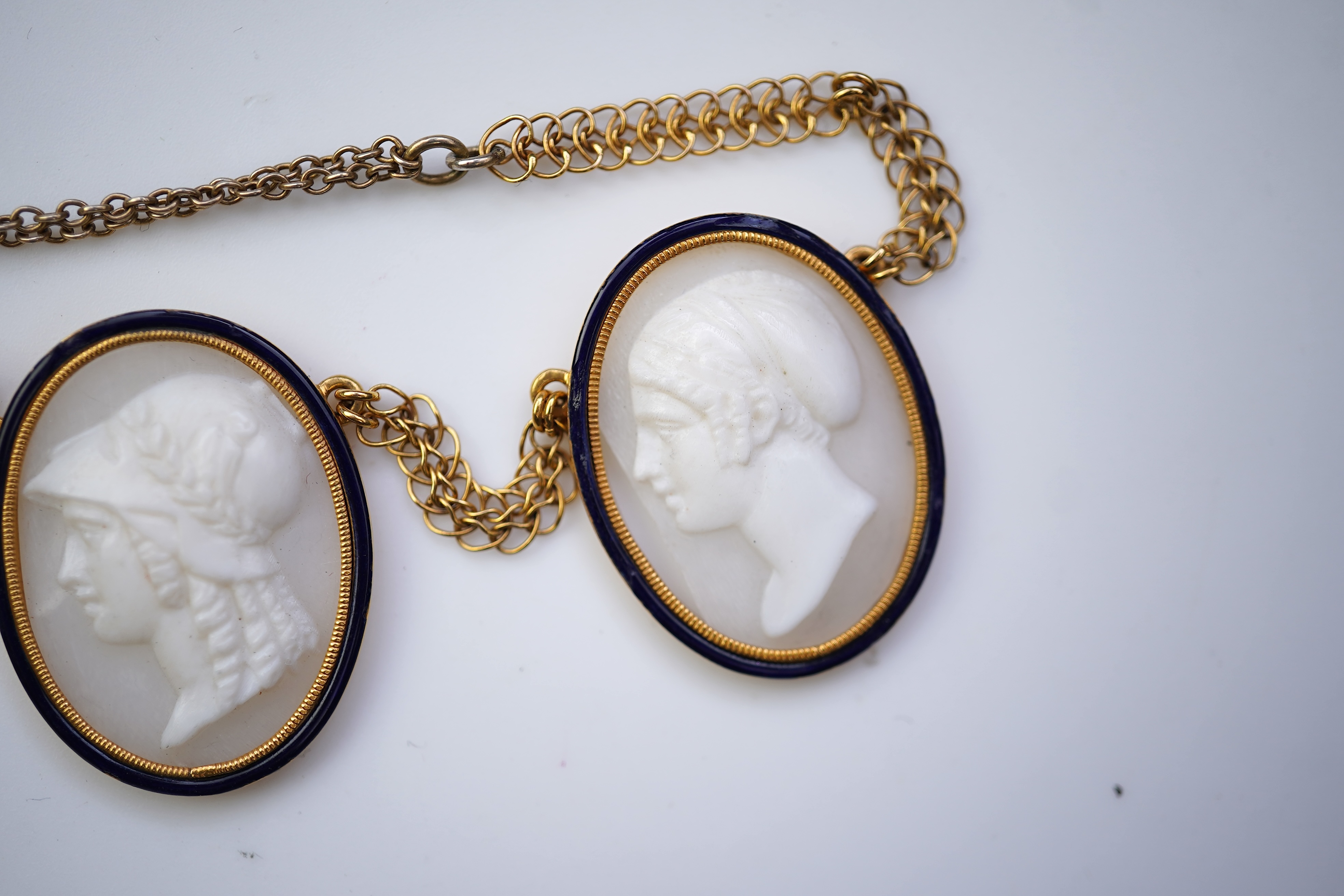A rare early George III shell cameo and enamel brooch and necklace, early 19th century and later